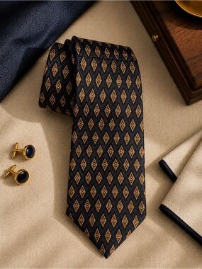 Umberto Bossi 100% Silk Tie – Roma Milano – Navy & Gold Geometric - GUC